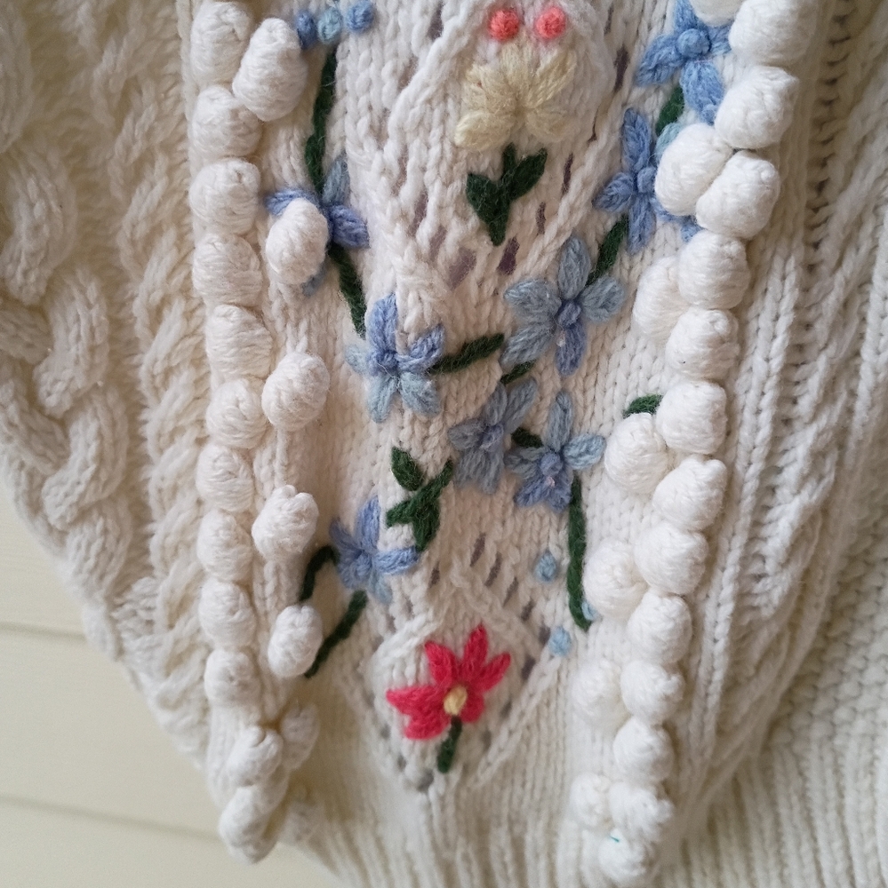 Polo Ralph Lauren Embroidered Floral Chunky Cable Knit Wool Cardigan Sweater - Picture 11 of 16
